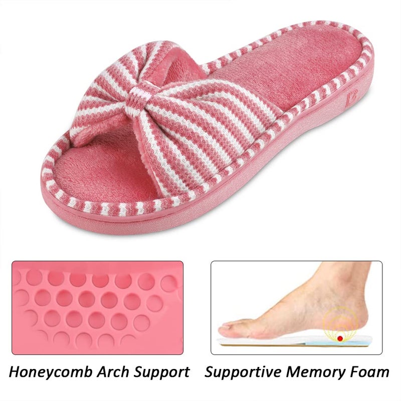 DL Women's Memory Foam Open Toe Slide Slippers with Cute Bow and Cozy Terry Lining, Slip-on House Shoes Spa Mules Sandals with Indoor Outdoor Rubber Sole, pink, 7-8 - Image 2